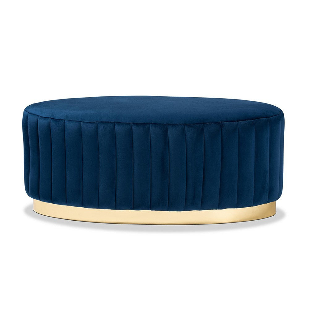 Baxton Studio Kirana Glam and Luxe Navy Blue Velvet Fabric Upholstered and Gold PU Leather Ottoman WHI-WS-20352-Navy-Blue-Velvet-Gold-Otto