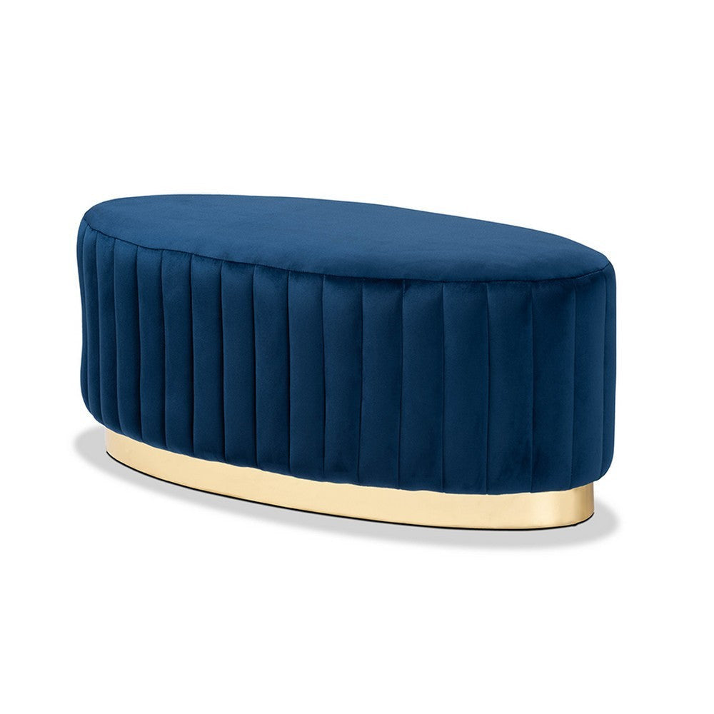 Baxton Studio Kirana Glam and Luxe Navy Blue Velvet Fabric Upholstered and Gold PU Leather Ottoman WHI-WS-20352-Navy-Blue-Velvet-Gold-Otto