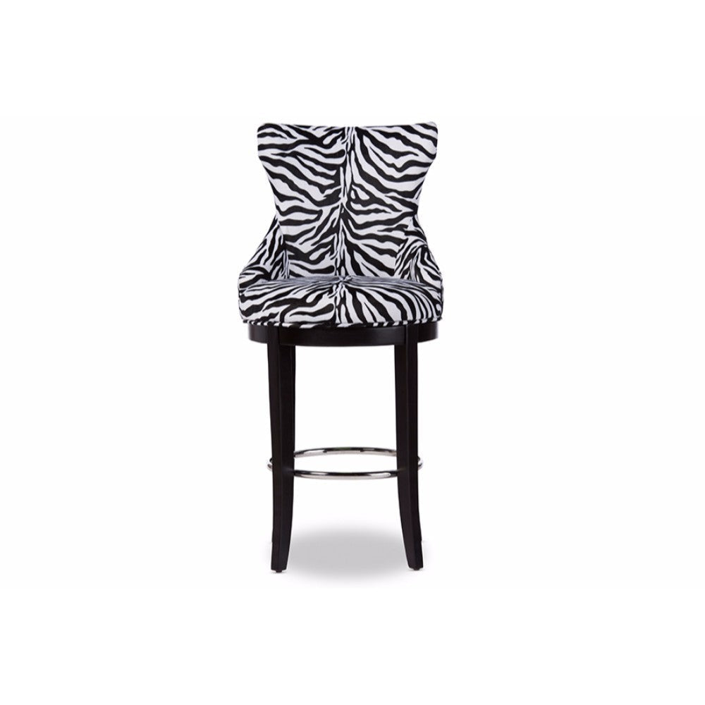 Baxton Studio Peace Modern and Contemporary Zebra-print Patterned Fabric Upholstered Bar Stool with Metal Footrest WHI-WS-2075-Zebra