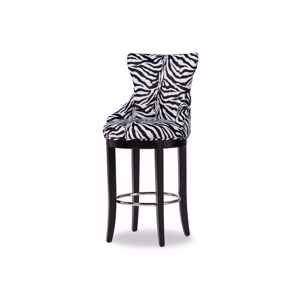Baxton Studio Peace Modern and Contemporary Zebra-print Patterned Fabric Upholstered Bar Stool with Metal Footrest WHI-WS-2075-Zebra