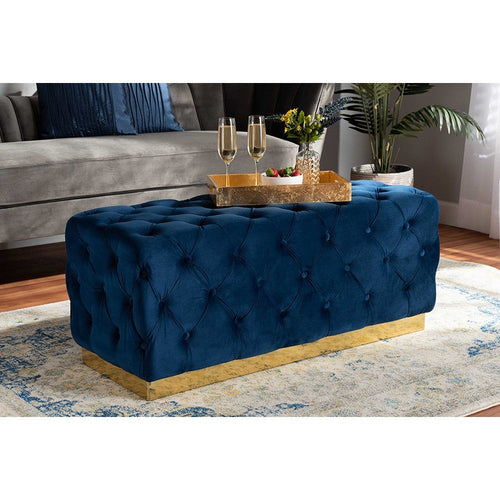 Baxton Studio Corrine Glam and Luxe Navy Blue Velvet Fabric Upholstered and Gold PU Leather Ottoman