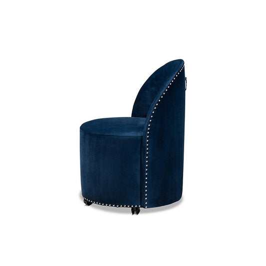 Baxton Studio Bethel Glam and Luxe Navy Blue Velvet Fabric Upholstered Rolling Accent Chair