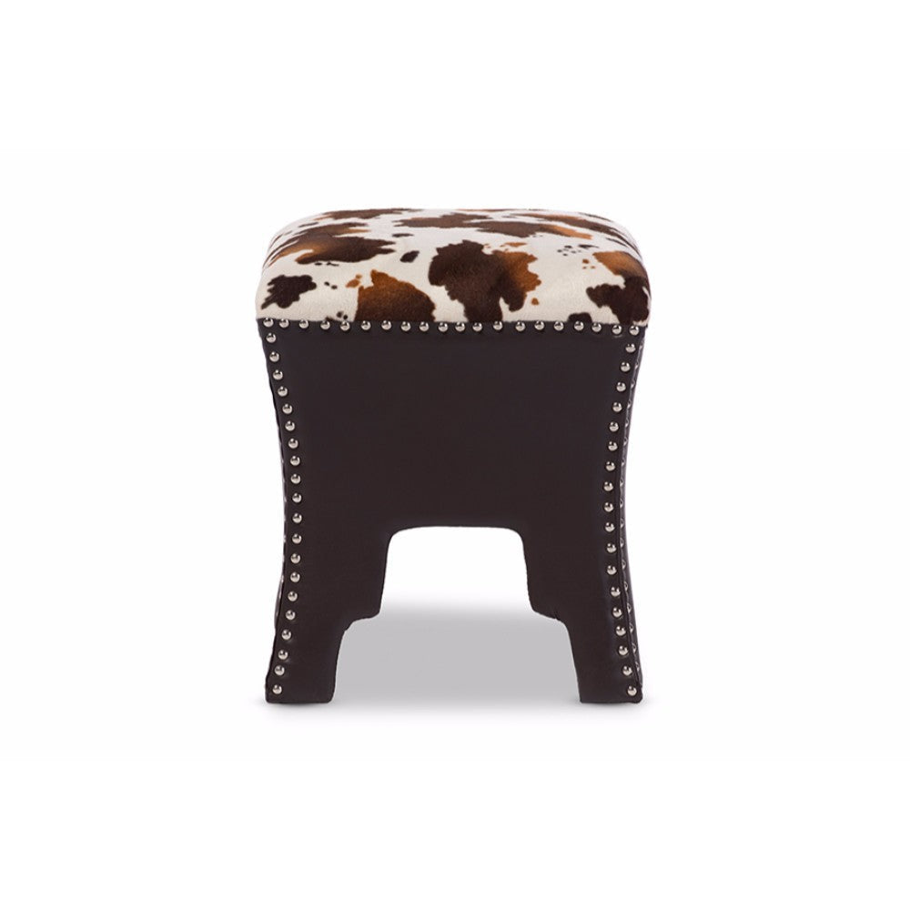 Baxton Studio Sally Modern and Contemporary Cow-print Patterned Fabric Brown Faux Leather Upholstered Accent Stool with Nail heads