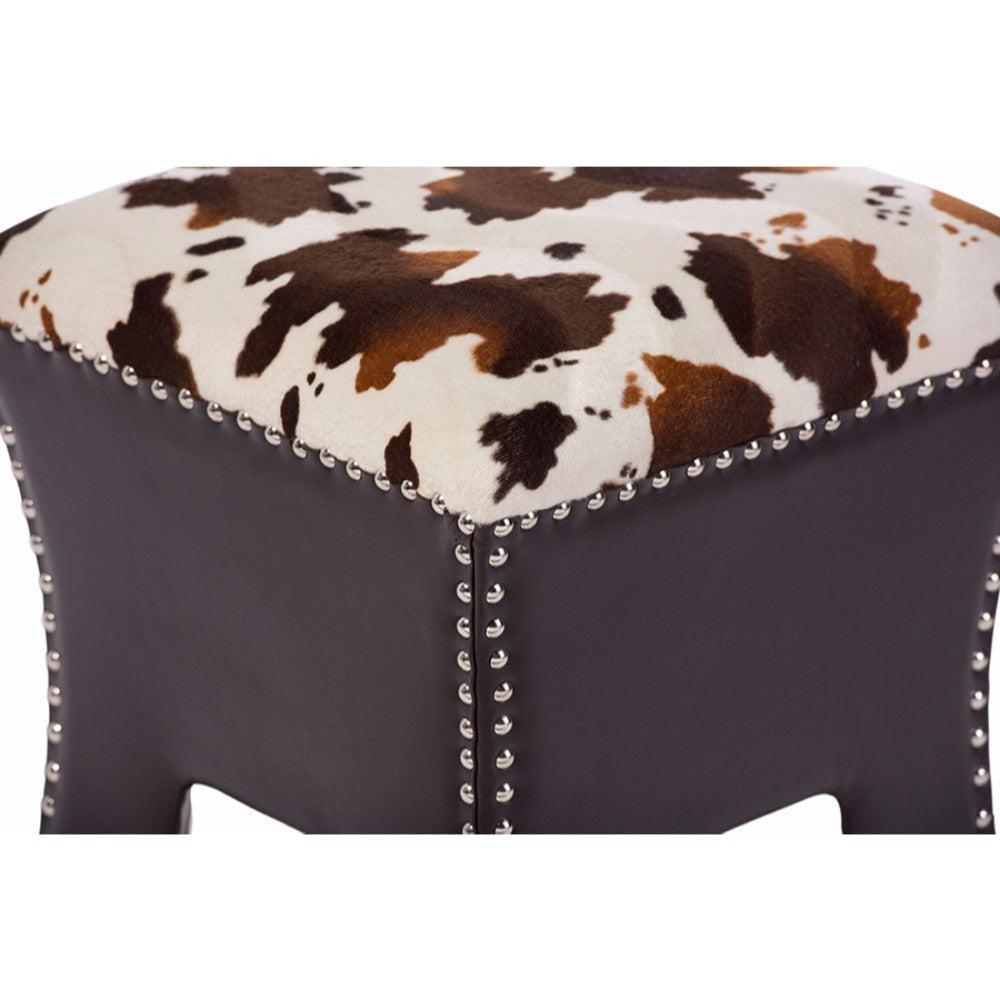 Baxton Studio Sally Modern and Contemporary Cow-print Patterned Fabric Brown Faux Leather Upholstered Accent Stool with Nail heads