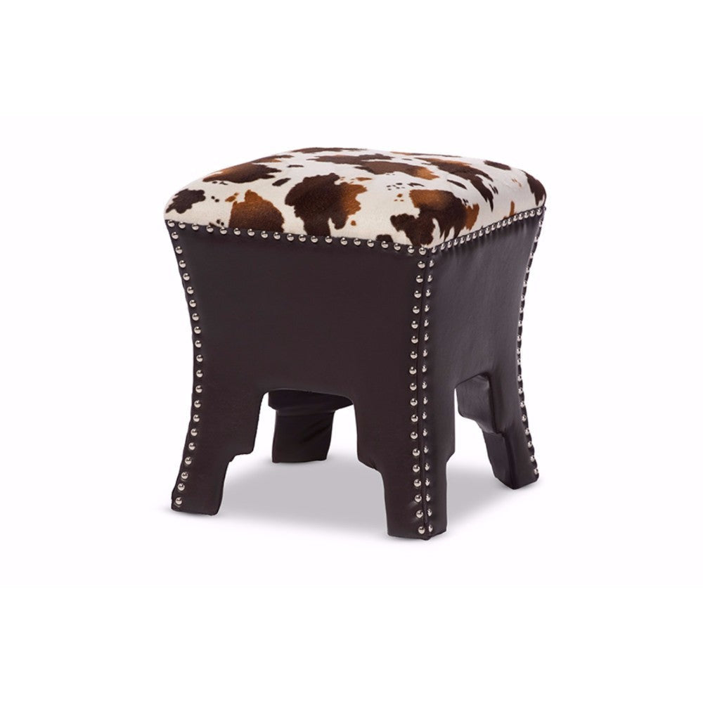 Baxton Studio Sally Modern and Contemporary Cow-print Patterned Fabric Brown Faux Leather Upholstered Accent Stool with Nail heads