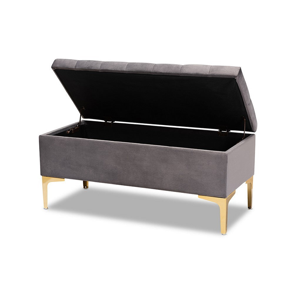 Baxton Studio Valere Glam and Luxe Grey Velvet Fabric Upholstered Gold Finished Button Tufted Storage Ottoman