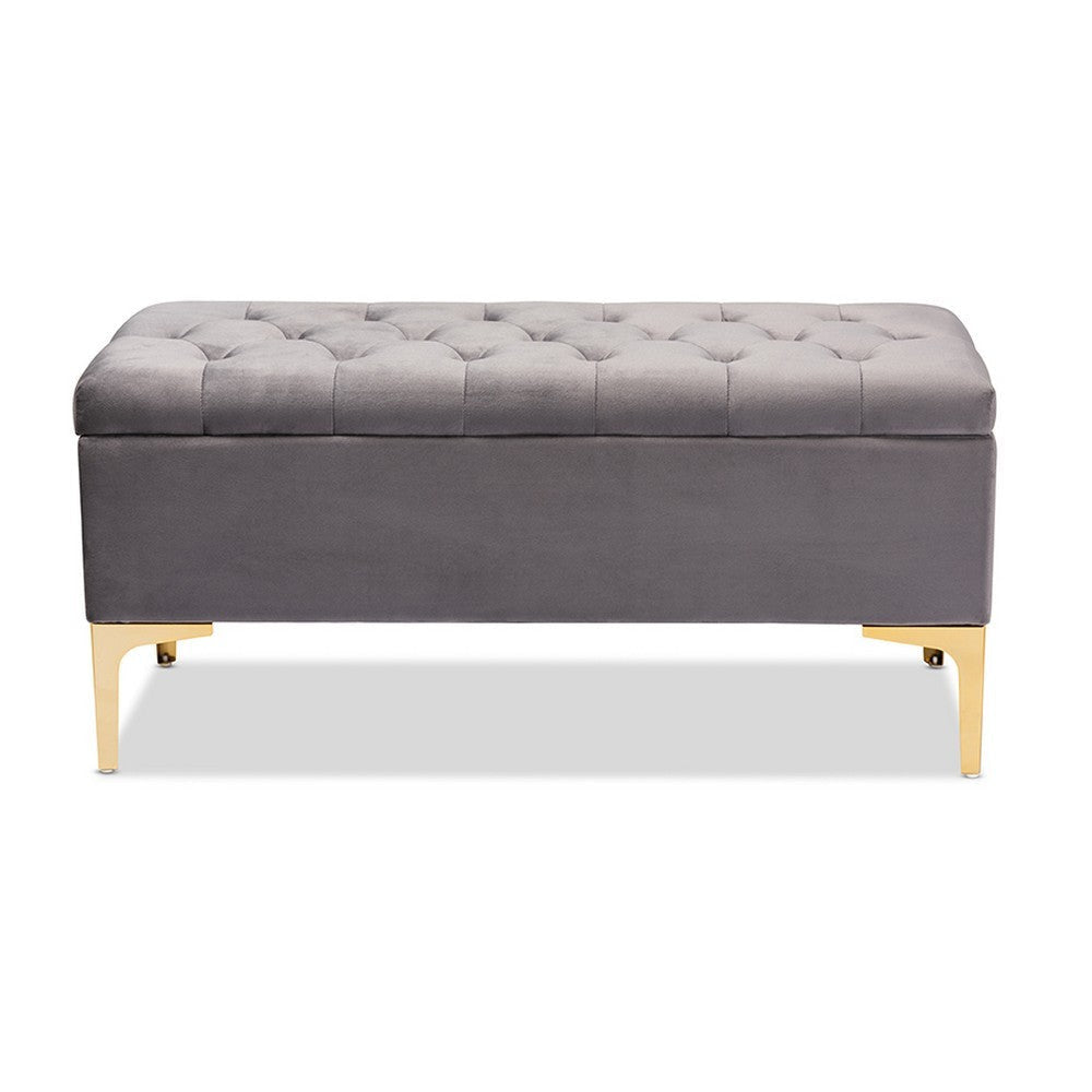 Baxton Studio Valere Glam and Luxe Grey Velvet Fabric Upholstered Gold Finished Button Tufted Storage Ottoman