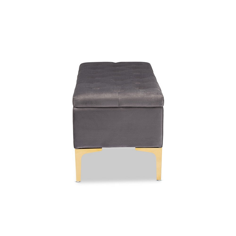 Baxton Studio Valere Glam and Luxe Grey Velvet Fabric Upholstered Gold Finished Button Tufted Storage Ottoman