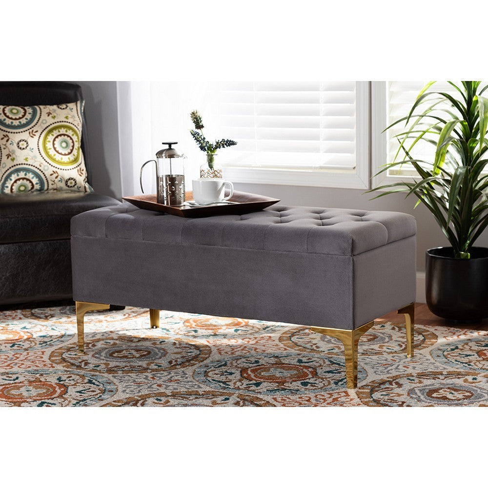 Baxton Studio Valere Glam and Luxe Grey Velvet Fabric Upholstered Gold Finished Button Tufted Storage Ottoman