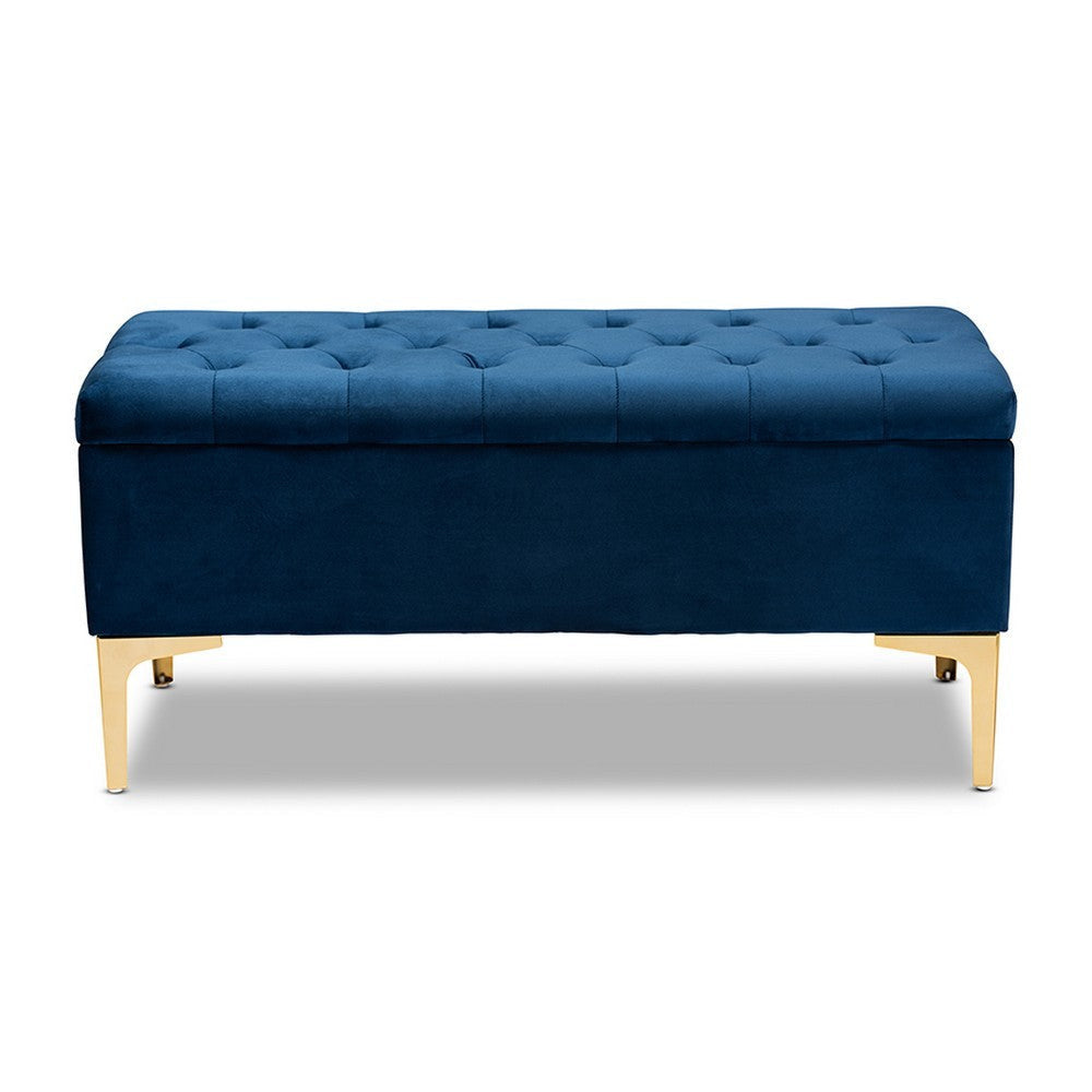 Baxton Studio Valere Glam and Luxe Navy Blue Velvet Fabric Upholstered Gold Finished Button Tufted Storage Ottoman