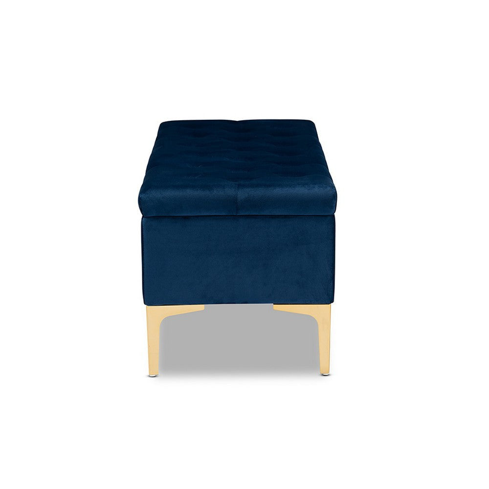 Baxton Studio Valere Glam and Luxe Navy Blue Velvet Fabric Upholstered Gold Finished Button Tufted Storage Ottoman
