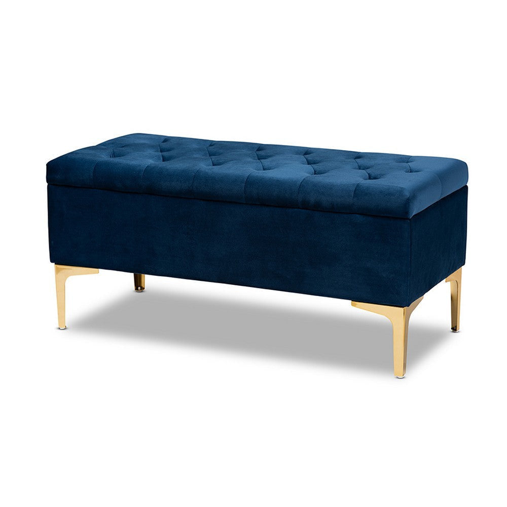 Baxton Studio Valere Glam and Luxe Navy Blue Velvet Fabric Upholstered Gold Finished Button Tufted Storage Ottoman