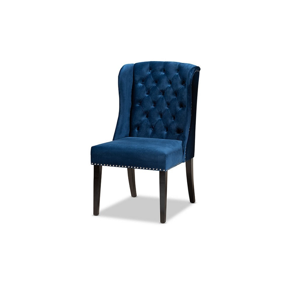 Baxton Studio Lamont Modern Contemporary Transitional Navy Blue Velvet Fabric Upholstered and Dark Brown Finished Wood Wingback Dining