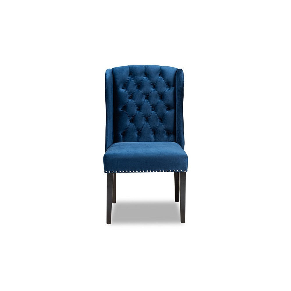 Baxton Studio Lamont Modern Contemporary Transitional Navy Blue Velvet Fabric Upholstered and Dark Brown Finished Wood Wingback Dining
