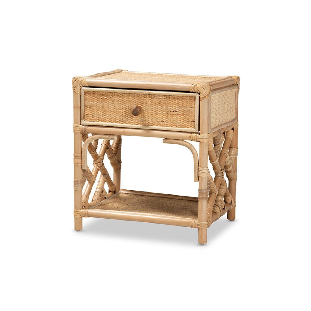 bali & pari Camara Modern Bohemian Natural Brown Rattan 1-Drawer Nightstand WHI-WS001-Rattan-NS