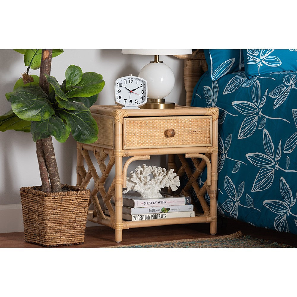 bali & pari Camara Modern Bohemian Natural Brown Rattan 1-Drawer Nightstand WHI-WS001-Rattan-NS