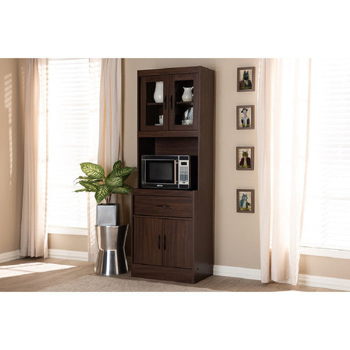 Baxton Studio Laurana Modern and Contemporary Dark Walnut Finished Kitchen Cabinet and Hutch