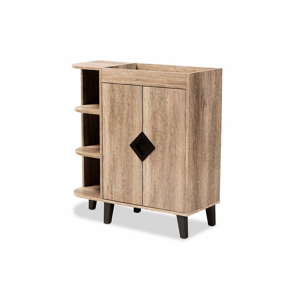 Baxton Studio Wales Modern and Contemporary Rustic Oak Finished Wood 2-Door Shoe Storage Cabinet with Open Shelves