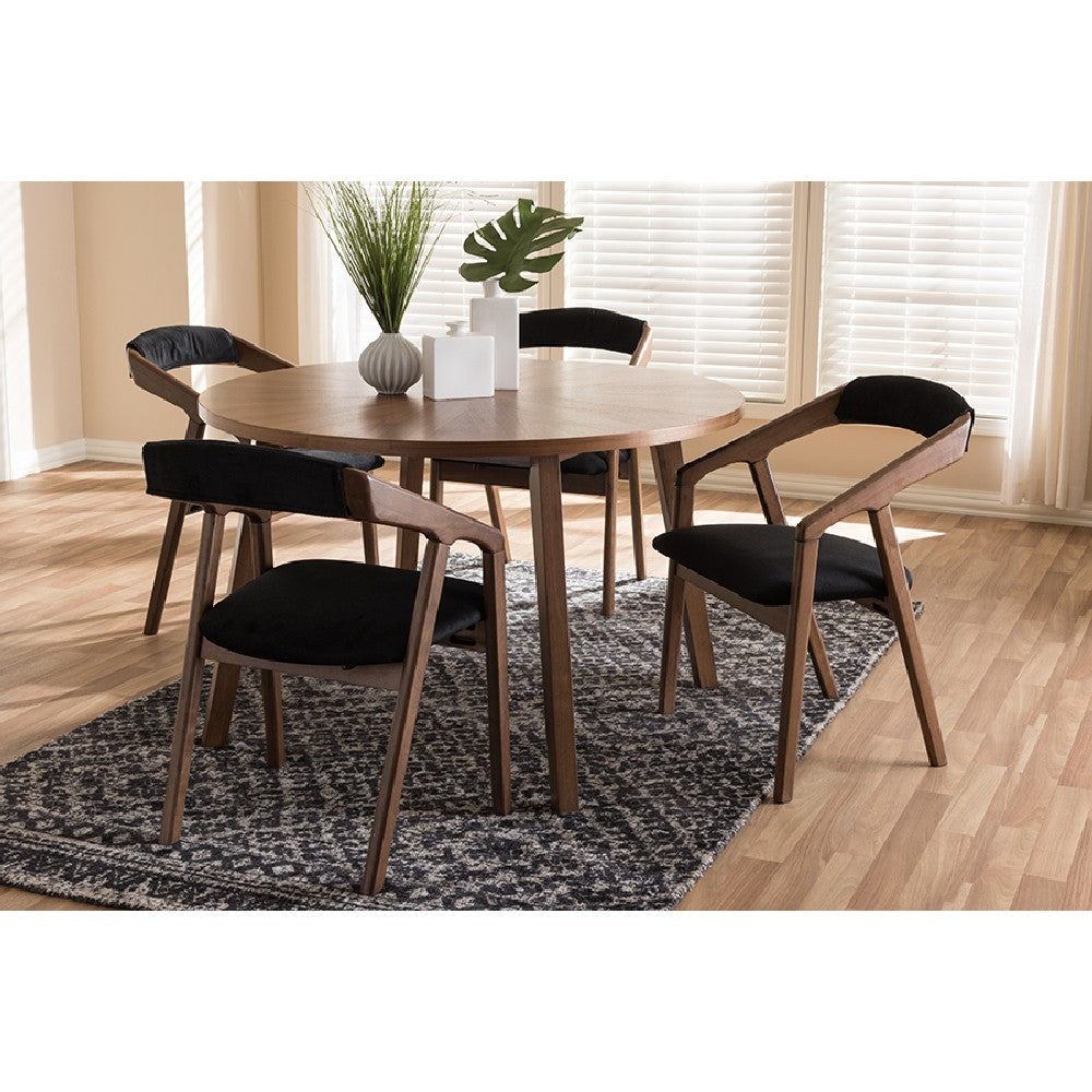 Baxton Studio Wendy Mid-Century Modern Black Fabric and Walnut Medium Brown Wood Finishing Dining Set WHI-Walnut-Sunburst-Dining-Set