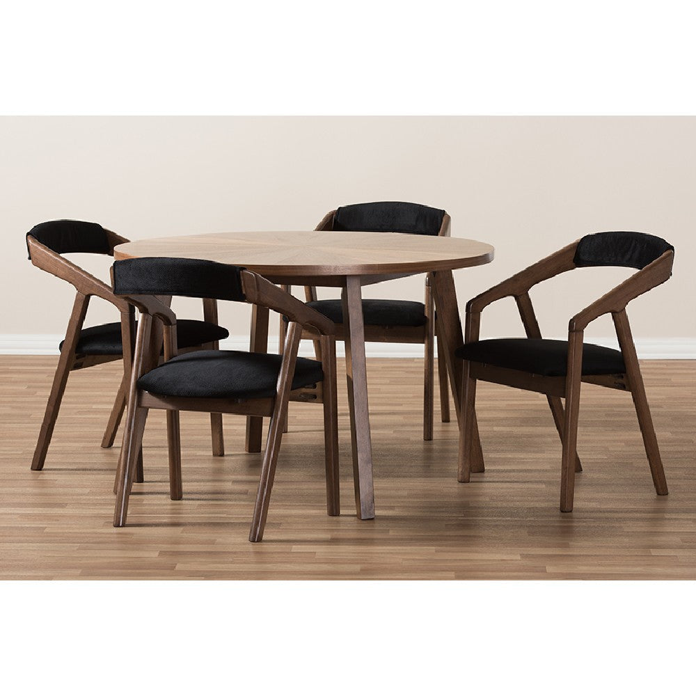 Baxton Studio Wendy Mid-Century Modern Black Fabric and Walnut Medium Brown Wood Finishing Dining Set WHI-Walnut-Sunburst-Dining-Set