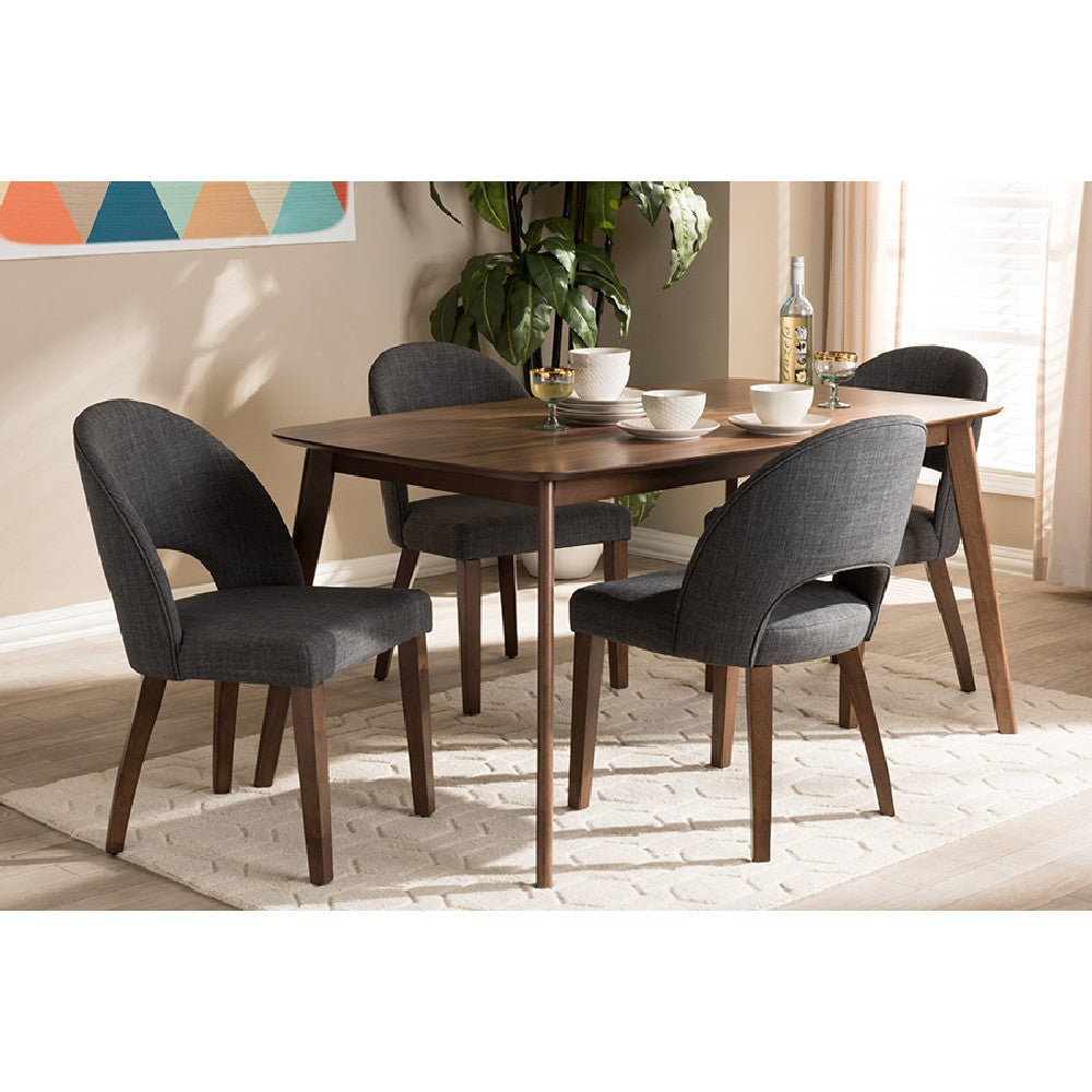 Baxton Studio Wesley Mid-Century Modern Dark Grey Fabric Upholstered Walnut Finished Wood 5-Piece Dining Set