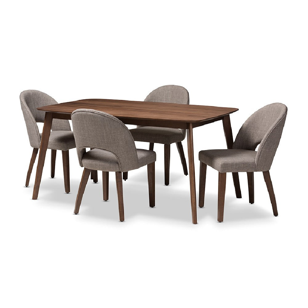Baxton Studio Wesley Mid-Century Modern Light Grey Fabric Upholstered Walnut Finished Wood 5-Piece Dining Set