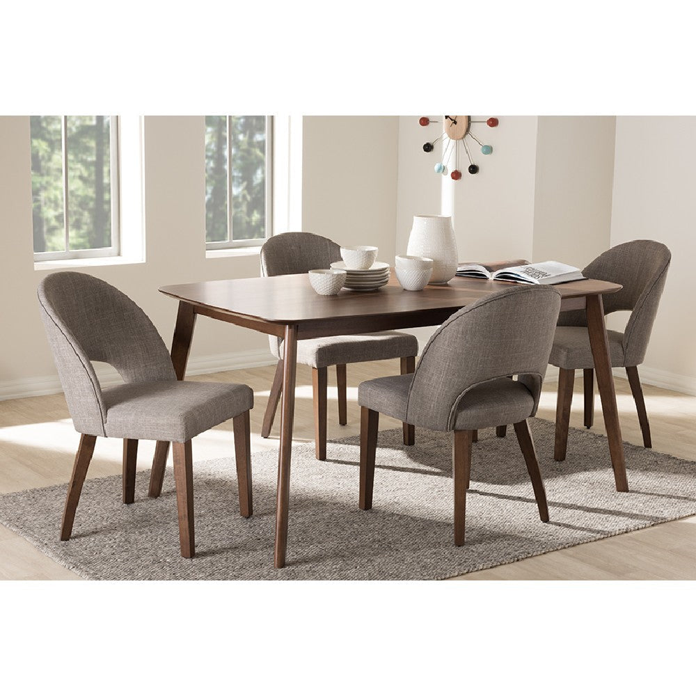 Baxton Studio Wesley Mid-Century Modern Light Grey Fabric Upholstered Walnut Finished Wood 5-Piece Dining Set