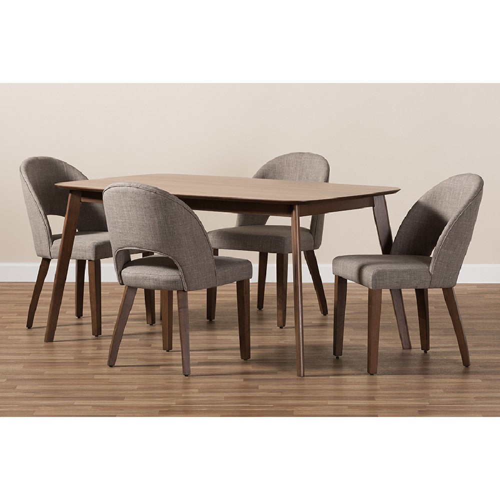 Baxton Studio Wesley Mid-Century Modern Light Grey Fabric Upholstered Walnut Finished Wood 5-Piece Dining Set