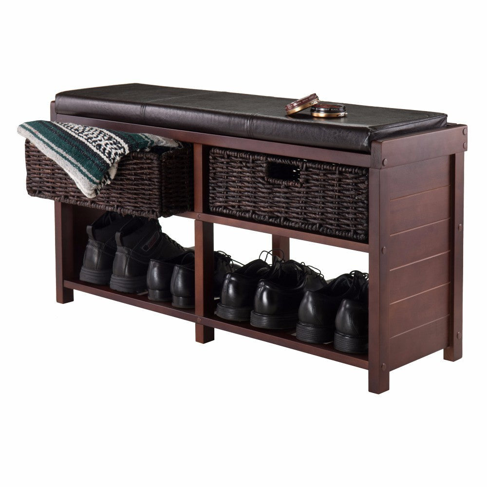 Colin Storage Bench with Seat Cushion and 2 Foldable Corn Husk Baskets Cappuccino Espresso and Chocolate WIN-40438