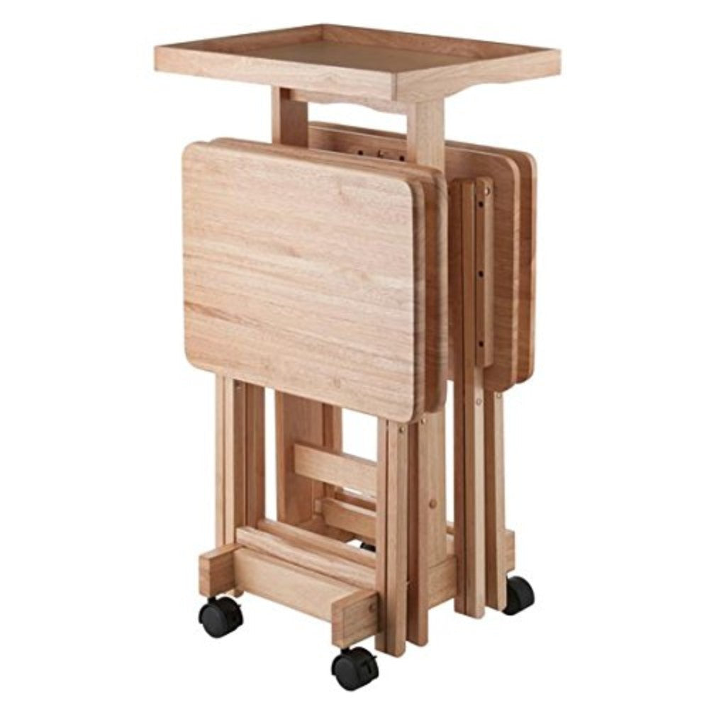 Isabelle Set of 4 Snack Tables with Mobile Stand and Removable Tray, Natural