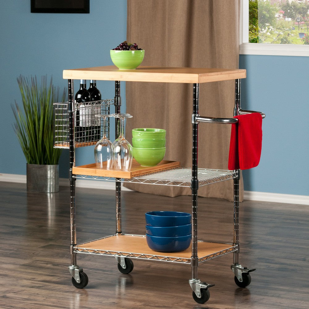 Madera Utility Kitchen Cart, Bamboo and Chrome