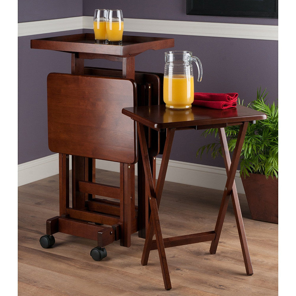 Isabelle Set of 4 Snack Tables with Mobile Stand and Removable Tray, Walnut