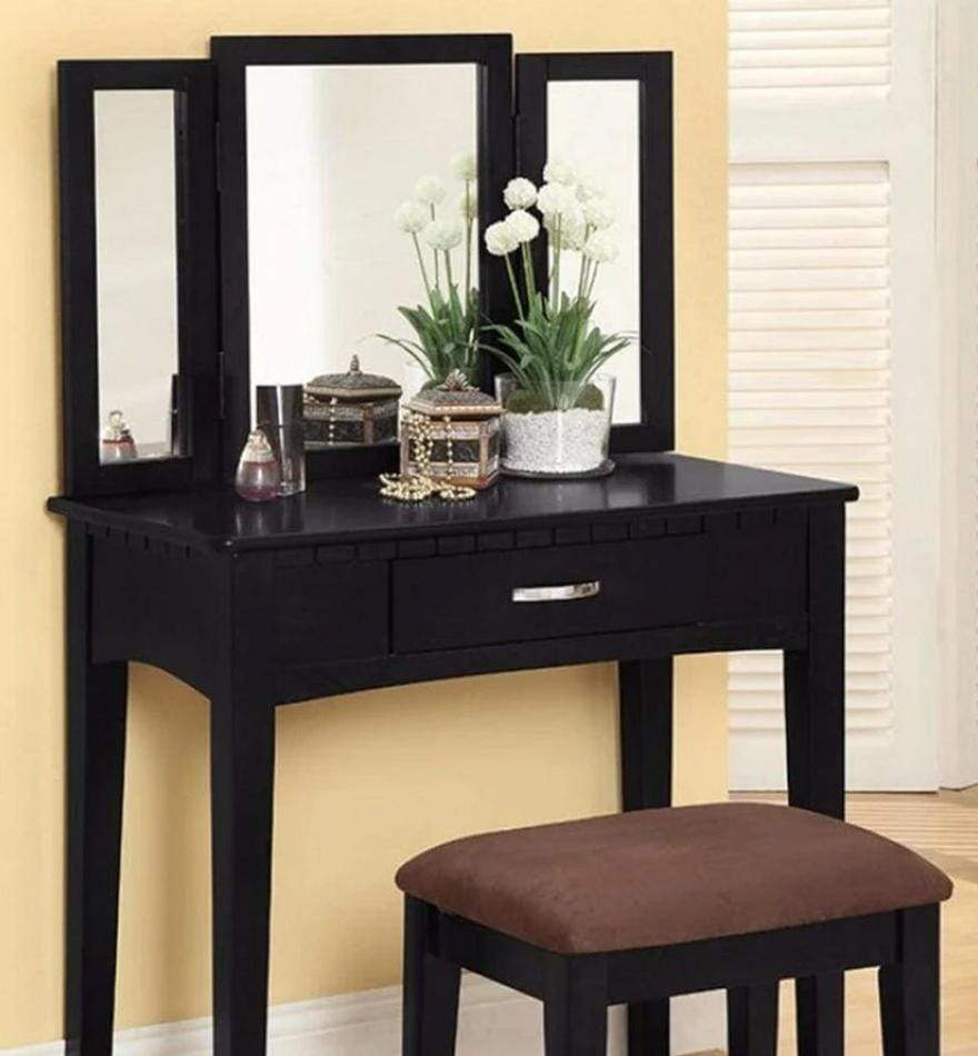 Wooden Vanity Set with 3 Sided Mirror and Padded Stool