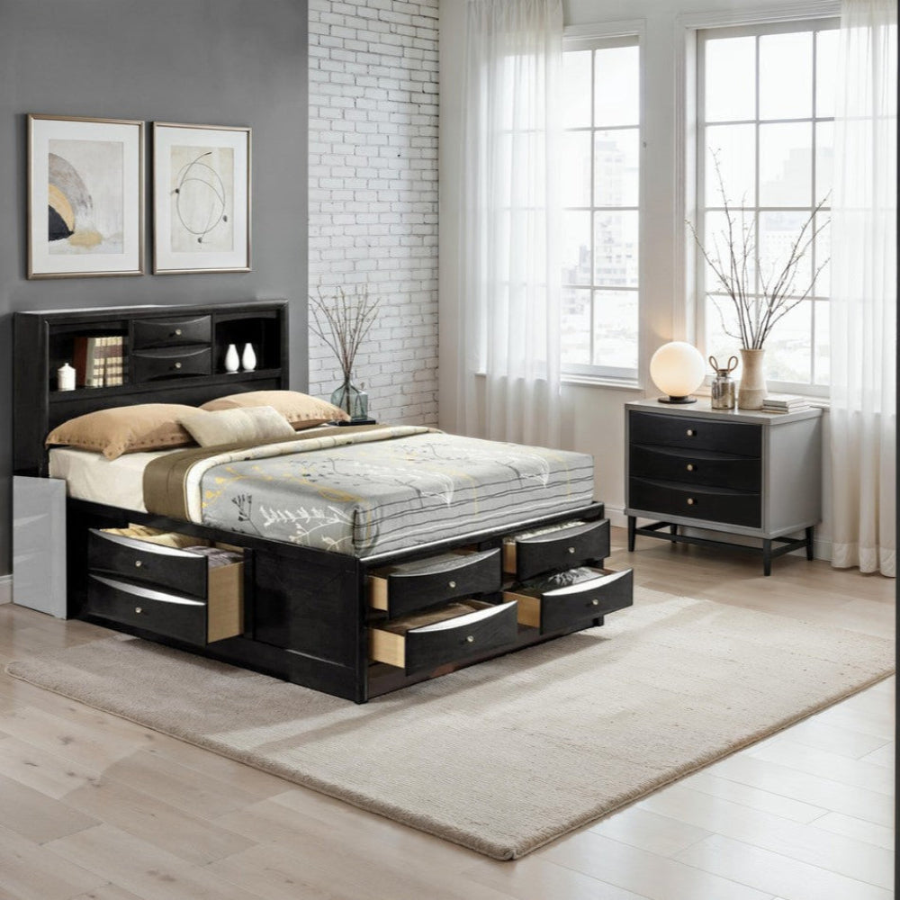 Panel Design Eastern King Size Bed with Bookcase and Drawers, Black By Casagear Home