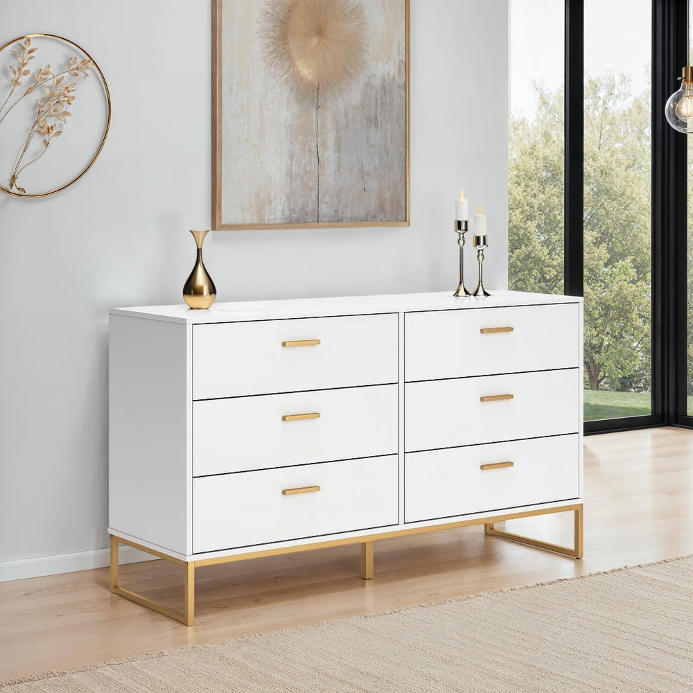 Ashley Alli Wide Dresser | 6 Drawers | Matte White Wood | Gold Metal | 59"