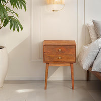 Nali Bedside Nightstand Table, 2 Drawers, Natural Brown Mango Wood, Brass Knobs By The Urban Port