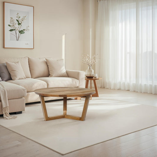 Vega 30 inch Round Mango Wood Coffee Table - Handcrafted Natural Brown, Sturdy 3-Leg Sled Base By The Urban Port