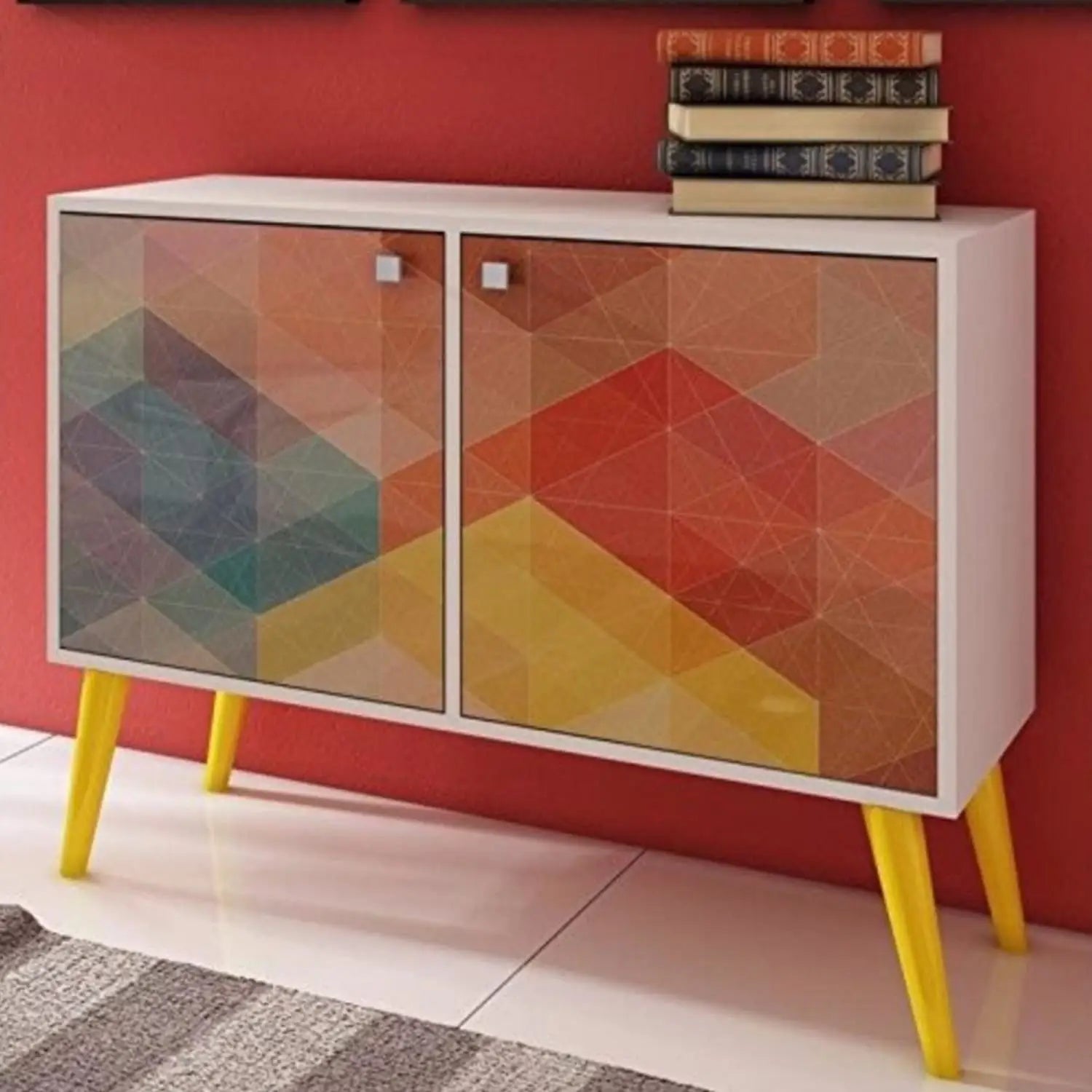 Funky Avesta Side Table with 3 Shelves with a Colorful Stamp Door