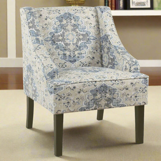 Accent Chair | Fabric Upholstered | Swooping Arms | Blue Cream Brown