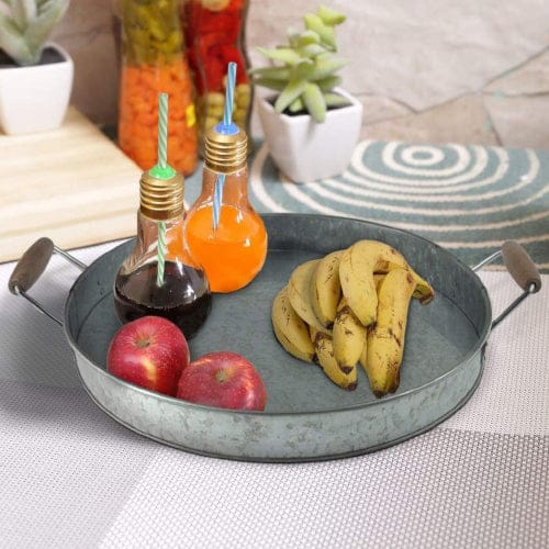 Benzara Round Galvanized Metal Serving Tray With Wooden Handles