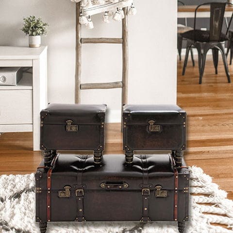 The Timeless Set Of 3 Wood Leather Trunk