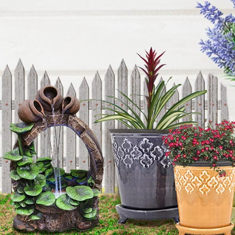 Barrel Pot Cascading Fountain with LED Lights