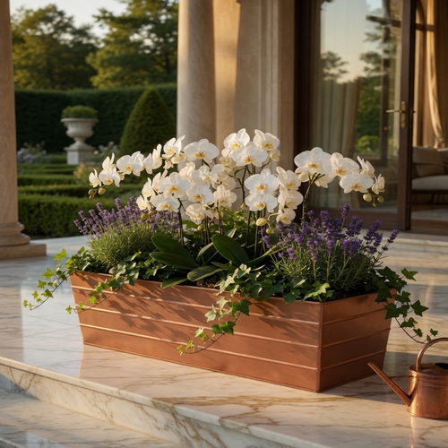 Rectangular Metal Flower Planter Box with Embossed Line Design, Large, Copper