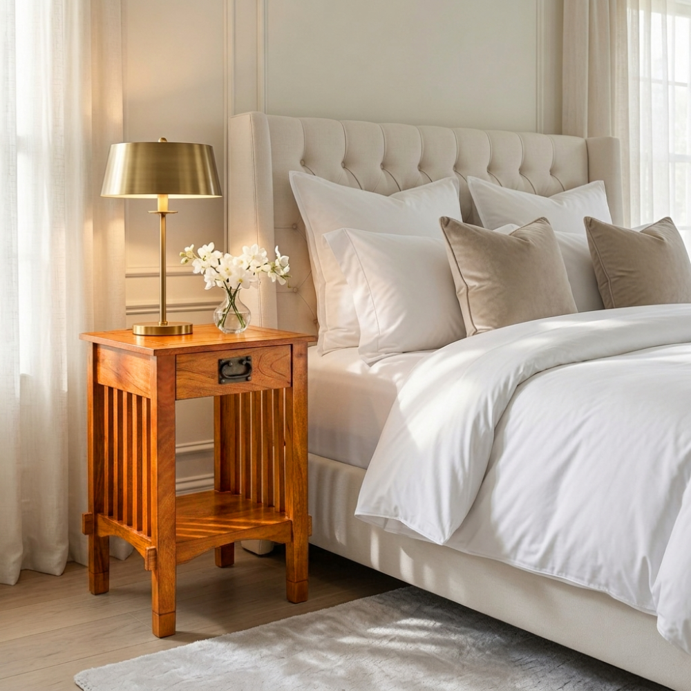 Spacious Mango Wood Nightstand with Slatted Side Panels, Brown - BM122854