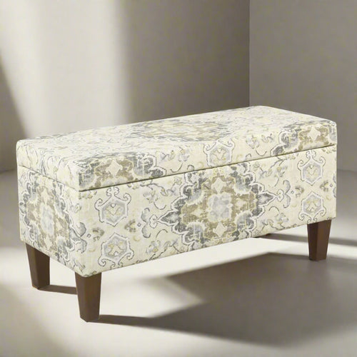 Storage Bench | Medallion Print Fabric | Hinged Top | Brown Cream | Large