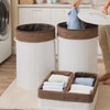 5 Piece Laundry Basket and Tray Set, Round Folding Brown Bamboo, White By Casagear Home
