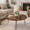 Gia Handcrafted Round Mango Wood  Coffee Table with Tray Top,  Dark Walnut Brown, Black Iron Legs By The Urban Port
