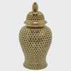 Deni 25 Inch Temple Jar, Small Carved Cut Out Lattice, Lid, Gold Ceramic By Casagear Home