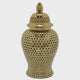 Deni 25 Inch Temple Jar, Small Carved Cut Out Lattice, Lid, Gold Ceramic By Casagear Home