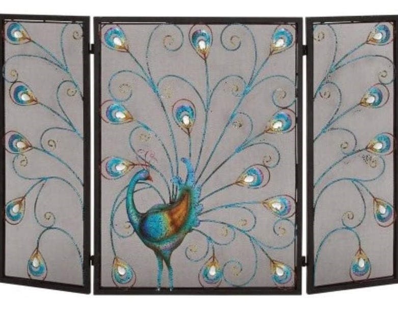 Peacock Themed Metal 3- Panel Fireplace Screen